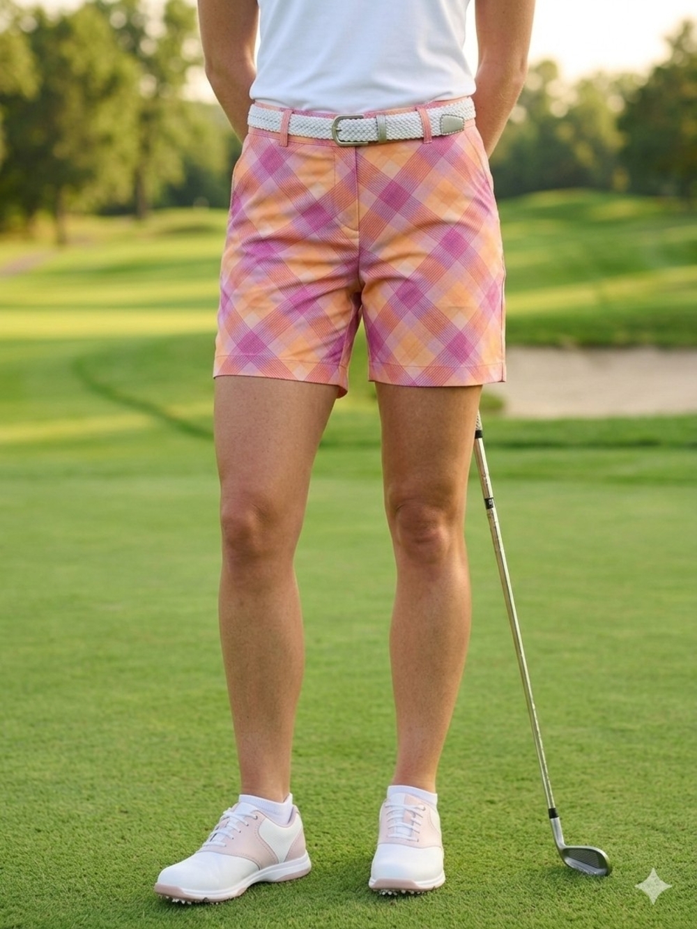 PGA Tour Women’s Plaid Golf Shorts Pink Orange Size 8 Bermuda Performance
